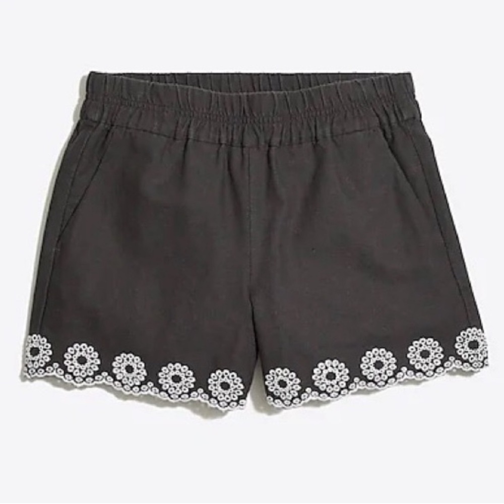 J. Crew linen blend embroidered scallop hem shorts